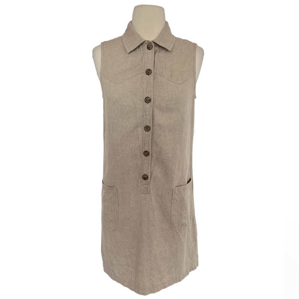 John Roberts Women's Dress Linen Button Detail Beige Pockets Size 6